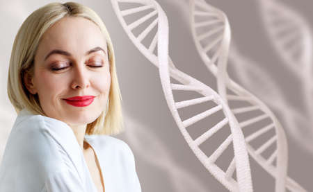 Portrait of sensual woman among white DNA chains.の写真素材