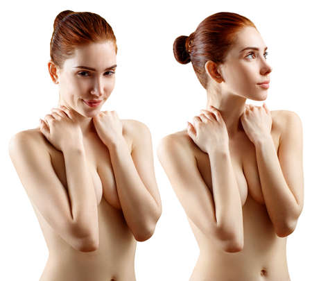 Collage of lovely naked redhead woman covering her breast.の写真素材