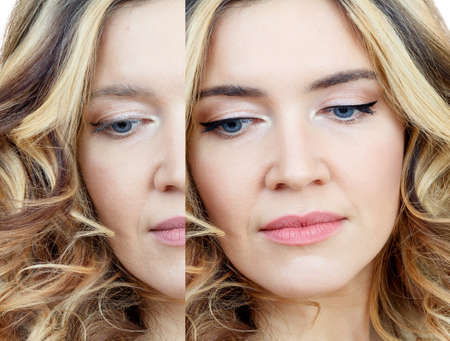 Comparison portrait of adult woman with and without makeup.の写真素材