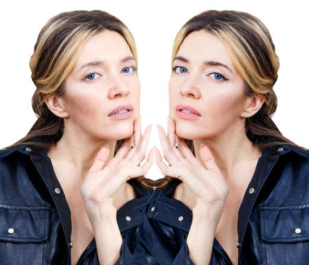 Comparison portrait of woman with and without makeup.の写真素材
