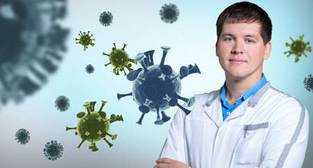 Doctor and virus on light backgroundの写真素材