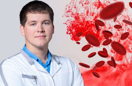 Adult men doctor near blood molecules.の写真素材