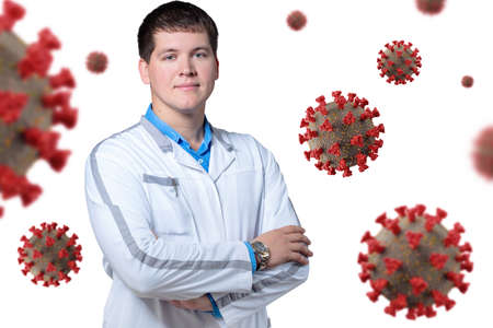 Doctor and virus on white backgroundの写真素材