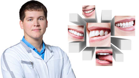 Dentist doctor presents collage of healthy beautiful smiles.の写真素材