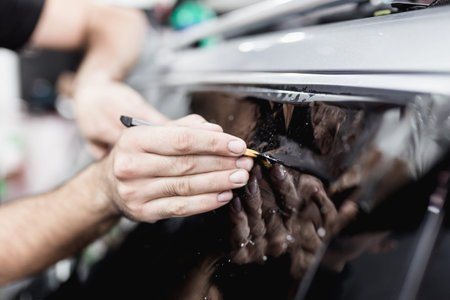 Car tinting - Worker applying tinting foil on car window.