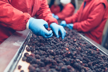 Factory for freezing and packing fruits. Unrecognizable worker's hands in protective blue gloves...