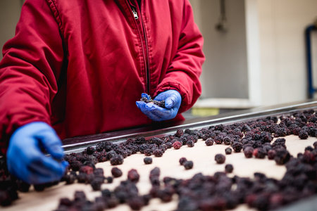 Factory for freezing and packing fruits. Unrecognizable worker's hands in protective blue gloves...