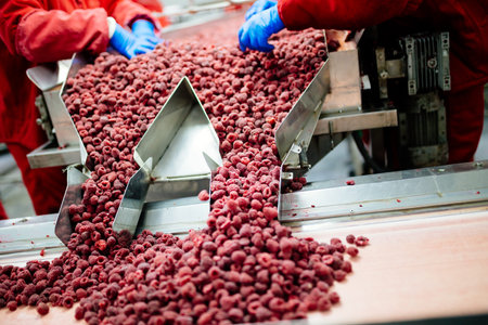 Factory for freezing and packing fruits. Unrecognizable worker's hands in protective blue gloves...