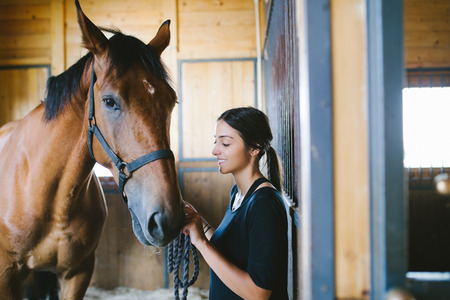 Beautiful brunette girl with her horse.の写真素材