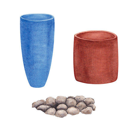 A set of watercolor elements flower pots and stones made on a white background. Suitable for postcardsの写真素材