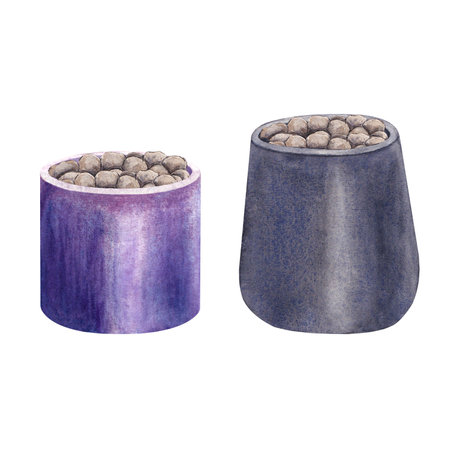 A set of watercolor elements flower pots and stones made on a white background. Suitable for postcardsの写真素材