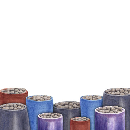 A set of watercolor elements flower pots and stones made on a white background. Suitable for...
