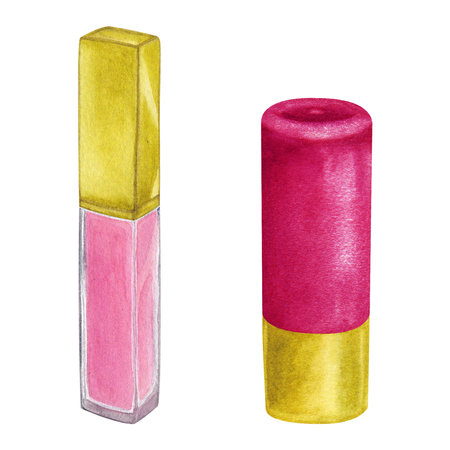 Pink lip gloss in a gold case and lipstick in a gold-pink case. A set of illustrations of beauty and fashion on a white background. suitable for postcards. Watercolor, hand drawnの写真素材