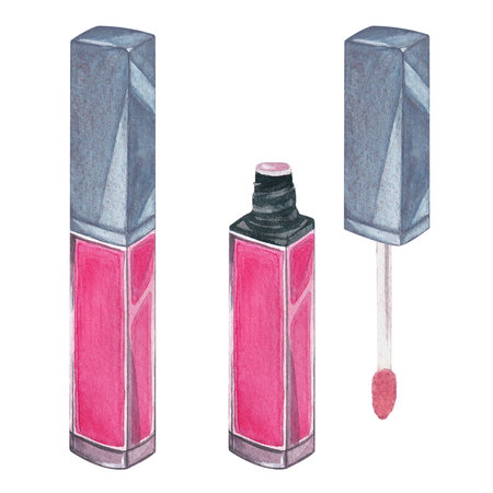 Pink lip gloss in silver case. Set of beauty fashion illustrations on a white background. suitable for postcards. Watercolor hand drawn.の写真素材