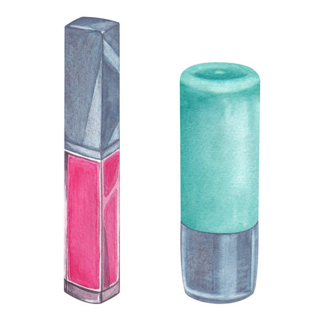 Pink lip gloss in a silver case and lipstick in a silver-turquoise case. A set of illustrations of beauty and fashion on a white background. Watercolor, hand drawnの写真素材