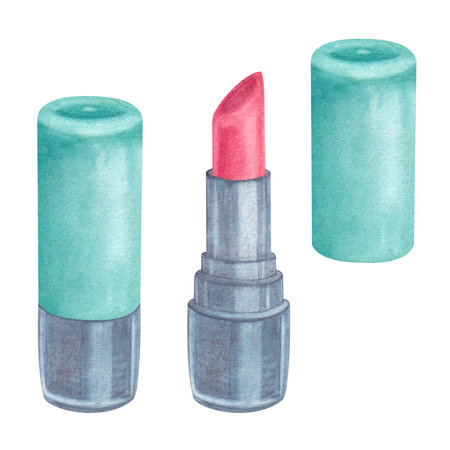 Nude lipstick in a silver-turquoise case. A set of illustrations of beauty and fashion on a white background. suitable for postcards. Watercolor, hand drawnの写真素材