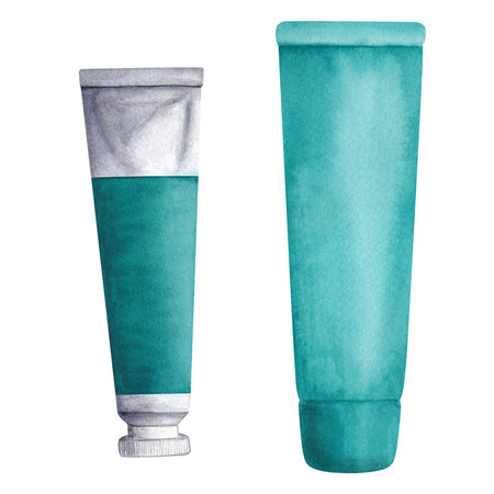 Set of beauty fashion watercolor illustrations with turquoise tubes of cream for hand and face on a white background. suitable for postcards. hand drawn.の写真素材