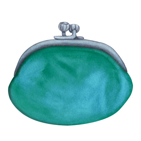 Watercolor beauty fashion illustrations of turquoise vintage cosmetic bag on a white background. suitable for postcards. hand drawn.の写真素材