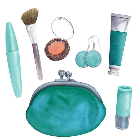 Set of beauty fashion illustrations on a white background. Mascara, blush and brush, lipstick and lip gloss in a cosmetic bag. Watercolor hand drawn. Turquoise. Silver.の写真素材