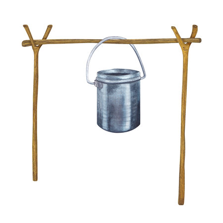 Watercolor illustration of wooden sticks for cooking over a campfire and camping pot on a white background. Hand drawn.の写真素材