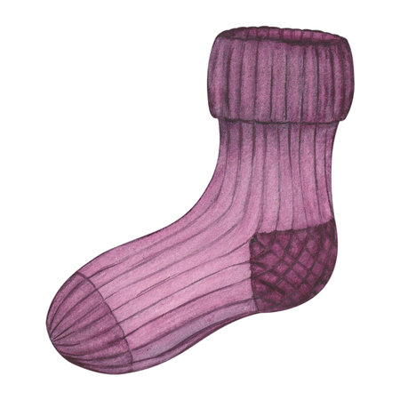 Winter or autumn knitted sock purple on a white background. Hand drawn watercolor illustration.の写真素材