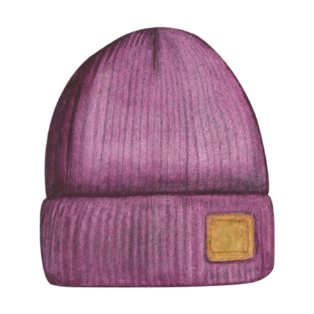 Winter or autumn purple knitted hat on a white background. Hand drawn watercolor illustration.の写真素材