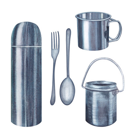 Metallic mug, bucket, spoon, fork, flask. Steel cup, cauldron and travel mug for camping. Steel kitchenware. Set of watercolor illustration on a white background. Hand drawn.の写真素材
