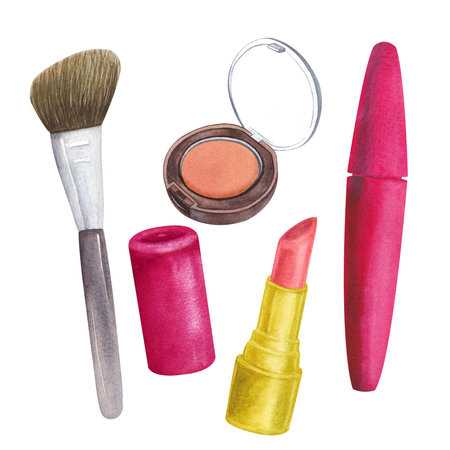 Mascara, blush, brush, lipstick. Pink case. Watercolor illustrations on a white background hand drawnの写真素材