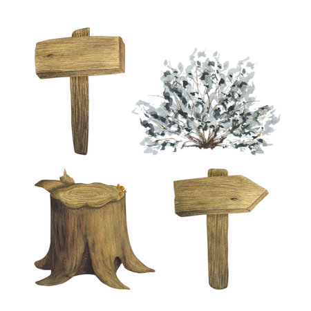 Tree stump, cut wood trunk, wooden shields and arrows, pointers, green shrub, brush, bush. Watercolor illustration on a white background. Hand drawnの写真素材