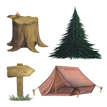 Tree stump, cut wood trunk. Fir tree, spruce. Wooden signs, shields and arrows, pointers. Tarp canvas tent for camping. Watercolor illustration on a white background. Hand drawnの写真素材