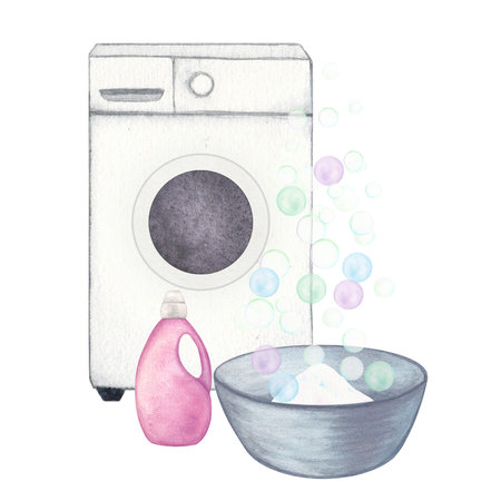 Laundry. Composition with washing machine, basin, washing gel, powder, soap, bubbles. Watercolor illustration on a white background. Hand-drawn. For postcardsの写真素材