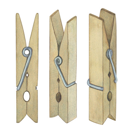 Laundry. Set of illustration of clothespins. Watercolor on a white background. Hand drawn. For postcardsの写真素材