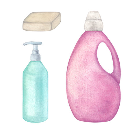 Laundry. Set of illustration of washing gel, powder, soap. Watercolor illustration on a white background. Hand-drawn. For postcardsの写真素材