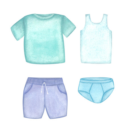 Laundry. Set of illustration of clothes, T-shirt, shorts, underpants, socks. Watercolor illustration on a white background Hand drawn. For postcardsの写真素材