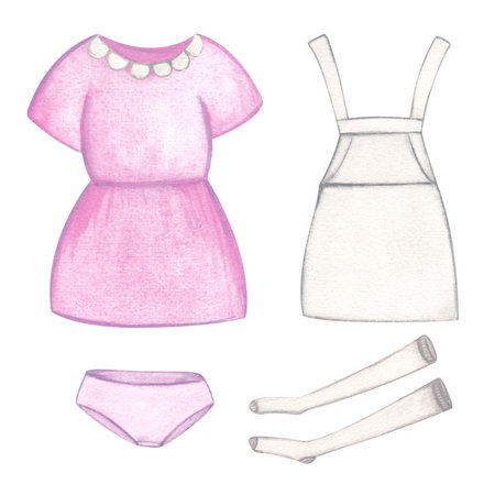 Laundry. Set of illustration of clothes, dress and apron, stockings and underpants. Watercolor on a white background. Hand-drawn. For postcardsの写真素材