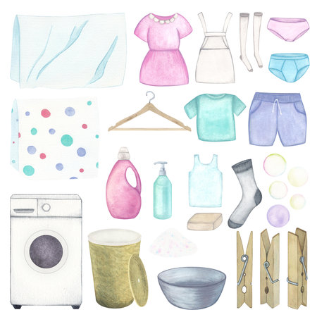 Laundry. Set of illustration of washing machine, basket, basin, washing gel, powder, soap, linen and clothes, hanger and clothespins. Watercolor on a white background. Hand drawn. For postcardsの写真素材
