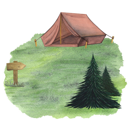 Wooden shields, arrows, pointers. Fir tree, spruce. Green glade, field, edge. Tarp canvas tent for camping. Watercolor illustration on a white background. Hand drawnの写真素材