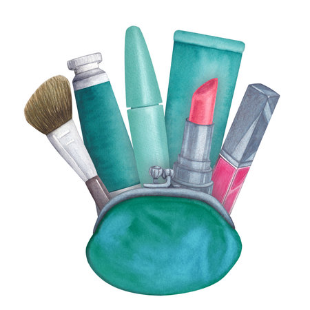 Watercolor beauty fashion illustrations on a white background. Mascara, brush, lipstick, lip gloss, cosmetic bag, tubes of cream. Hand drawn. Turquoise. Silverの写真素材