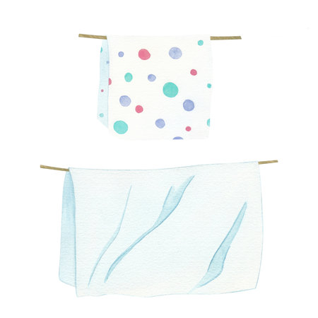 Laundry. Composition with bed linen and towel. Watercolor illustration on a white background. Hand drawn. For postcardsの写真素材