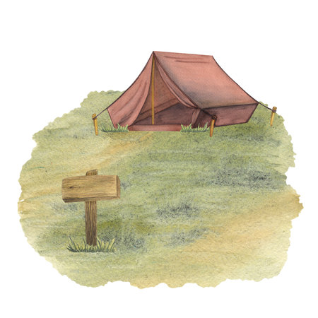 Wooden shields, arrows, pointers. Green glade, field, edge. Tarp canvas tent for camping. Watercolor illustration on a white background. Hand drawnの写真素材