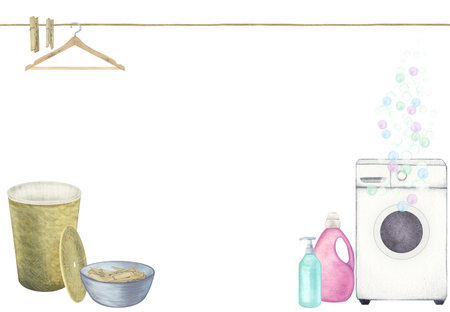 Laundry. Composition with washing machine, basket, basin, washing gel, powder, soap, hanger and clothespins. Watercolor illustration on a white background. Hand-drawn. For postcardsの写真素材