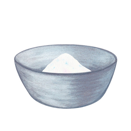 Laundry illustration. Grey metal basin, washing powder. Watercolor on a white background. Hand drawn. For postcardsの写真素材