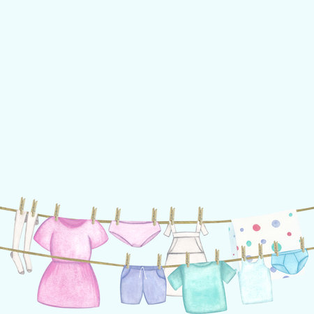 Laundry. Template, border with bed linen and clothes, dress, apron, stockings, T-shirt, shorts, underpants. Watercolor illustration on a white background. Hand-drawn. For postcardsの写真素材