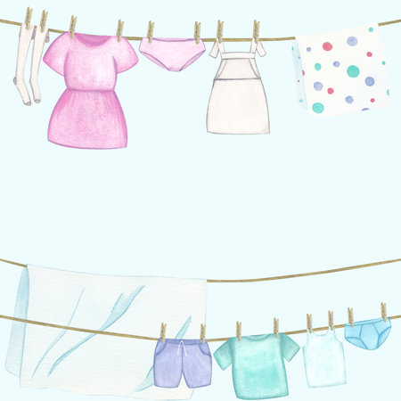 Laundry. Template, border with bed linen and clothes, dress, apron, stockings, T-shirt, shorts, underpants. Watercolor illustration on a white background. Hand-drawn. For postcardsの写真素材