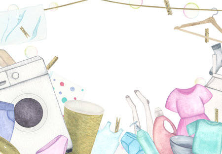 Laundry. Frame with washing machine, basket, basin, washing gel, powder, soap, linen and clothes, hanger and clothespins. Watercolor illustration on a white background. Hand drawn. For postcardsの写真素材