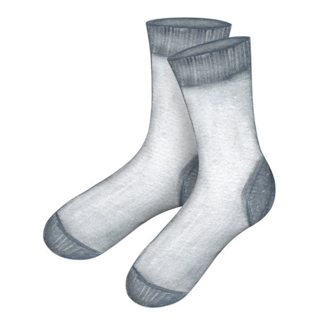 Laundry illustration. Grey socks. Watercolor on a white background. Hand drawn. For postcardsの写真素材