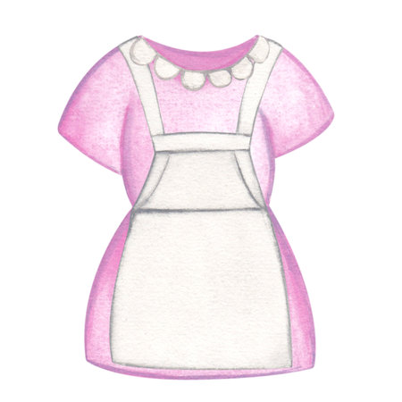 Laundry illustration. Pink dress with beige apron and collar. Watercolor on a white background. Hand drawn. For postcardsの写真素材