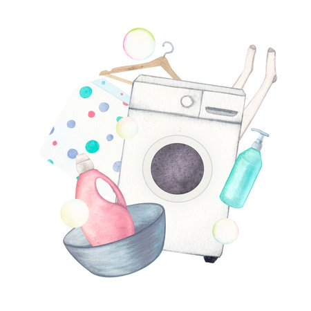 Laundry. Composition with washing machine, basin, washing gel, powder, soap, hanger and towel. Watercolor illustration on a white background. Hand-drawn. For postcardsの写真素材