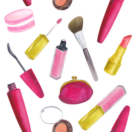 Seamless pattern mascara, blush, brush, lipstick, lip gloss, cosmetic bag, macarons. Watercolor illustrations on white background. Hand drawn. Pinkの写真素材