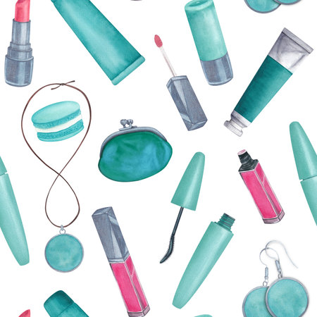 Seamless pattern mascara, blush, brush, lipstick, lip gloss, earrings, pendant, cosmetic bag, tubes of cream, macarons. Watercolor illustrations on white background. Hand drawn. Turquoise. Silverの写真素材